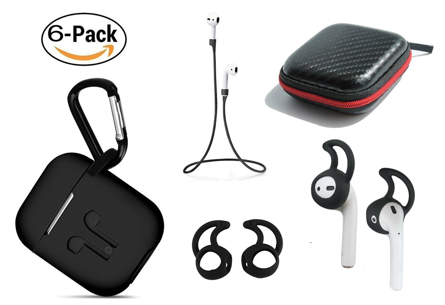 AirPods 1 & 2 GEN Accessory Pack 6 in 1 Cover/Strap/Earhooks/Keychain/Case Black-image
