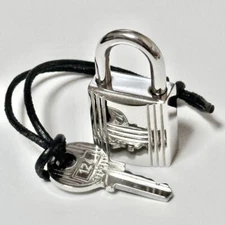 Authentic HERMES Set of Padlock & Key Cadena Metal Silver Charm Number Random