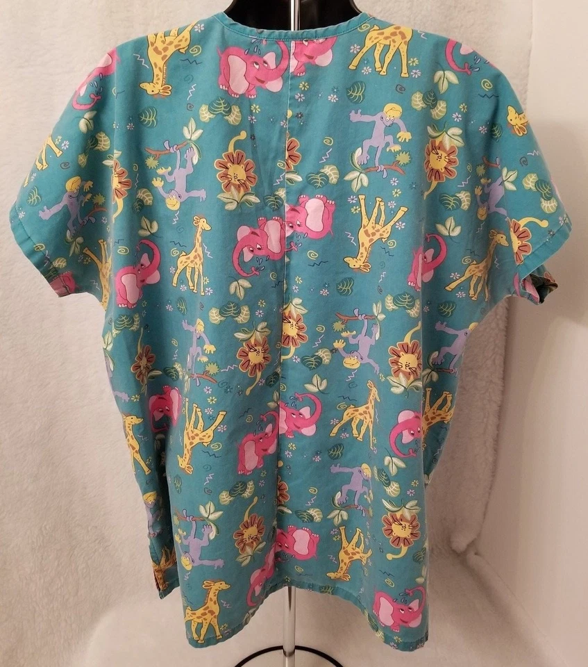 MHD Scrubs Womens Top Blouse Shirt M Medium 10/12 Elephant Monkey Giraffe Lion - Image 3 of 3