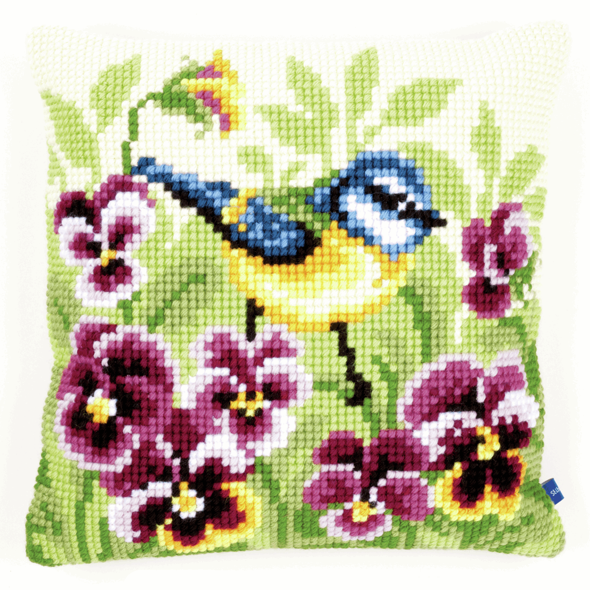 Vervaco Cross Stitch Kit: Cushion: Blue Tit on Pansies - Image 2