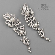 Clear Crystal Pearl Wedding Bridal Drop Dangle Earrings Flower Silver tone 09673