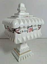 footed square covered dish milk glass hand painted flowers vintage
