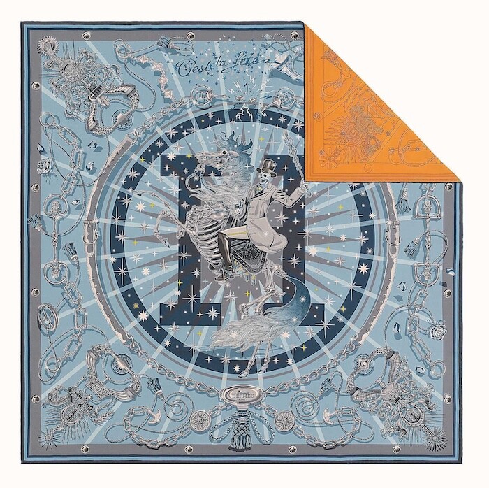 Hermes Scarf Stole C'est La Fete Double Face Sky Gray Orange