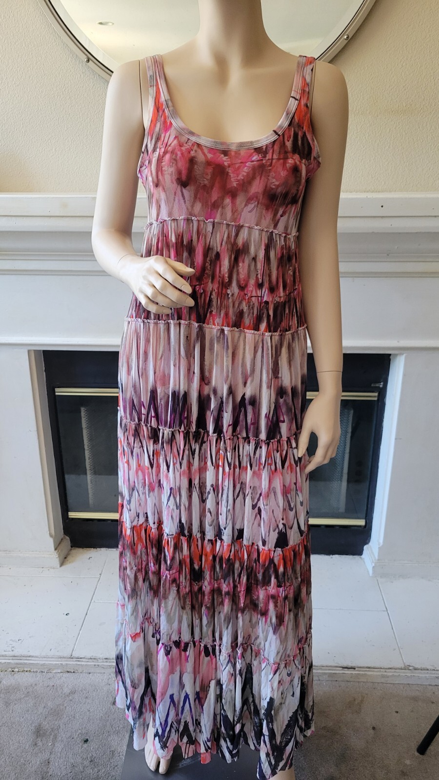 NEW Fuzzi GAULTIER Soleil Tiered Pink Abstract Tye Dye Maxi Swing Summer Dress M image 2