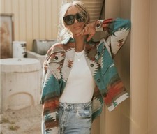 New Distressed Aztec Native Flannel Jacket Coat Small S Shacket Blue Red