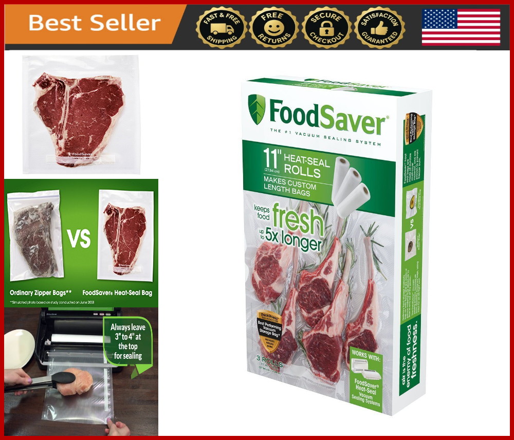 Vacuum Sealer Bags 11x16 Feet 3-Pack BPA-Free Airtight Food Storage Rolls for Sous Vide