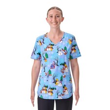 Winnie the Pooh 100 Acre Snow Day Women's V-Neck Print Scrub Top Large
