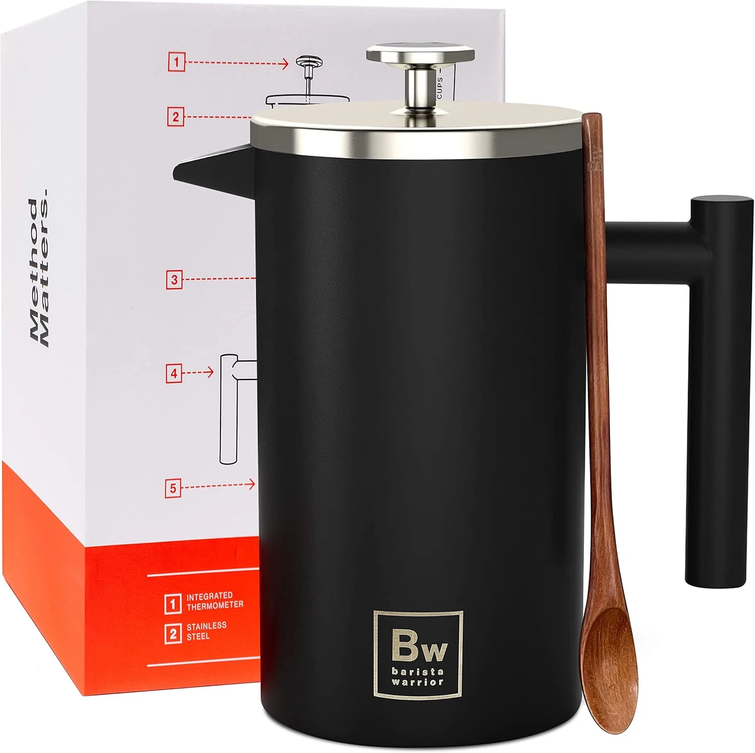 French Press Coffee Maker Stainless Steel with Built-In Thermometer - Insulated