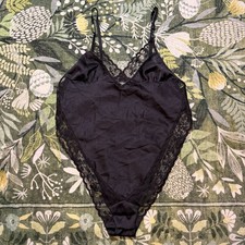 Vintage Avon Fashions Black Lace Trim Satin Teddy Bodysuit