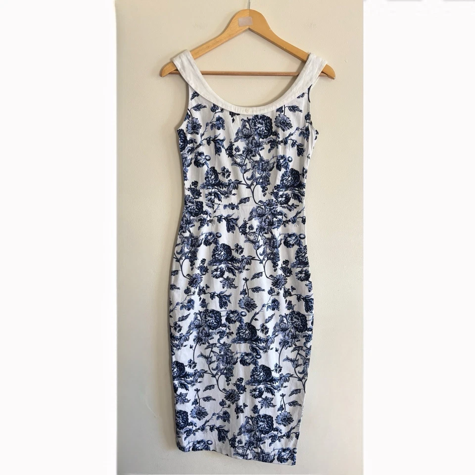 Vestido Collectif Vintage Mujer Pequeño Ajustado Blanco Azul Estampado Toile Helen Retro Foto 4 de 4