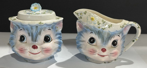Vintage  Miss Priss Kitty Cat Anthropomorphic Sugar & Creamer Set Japan