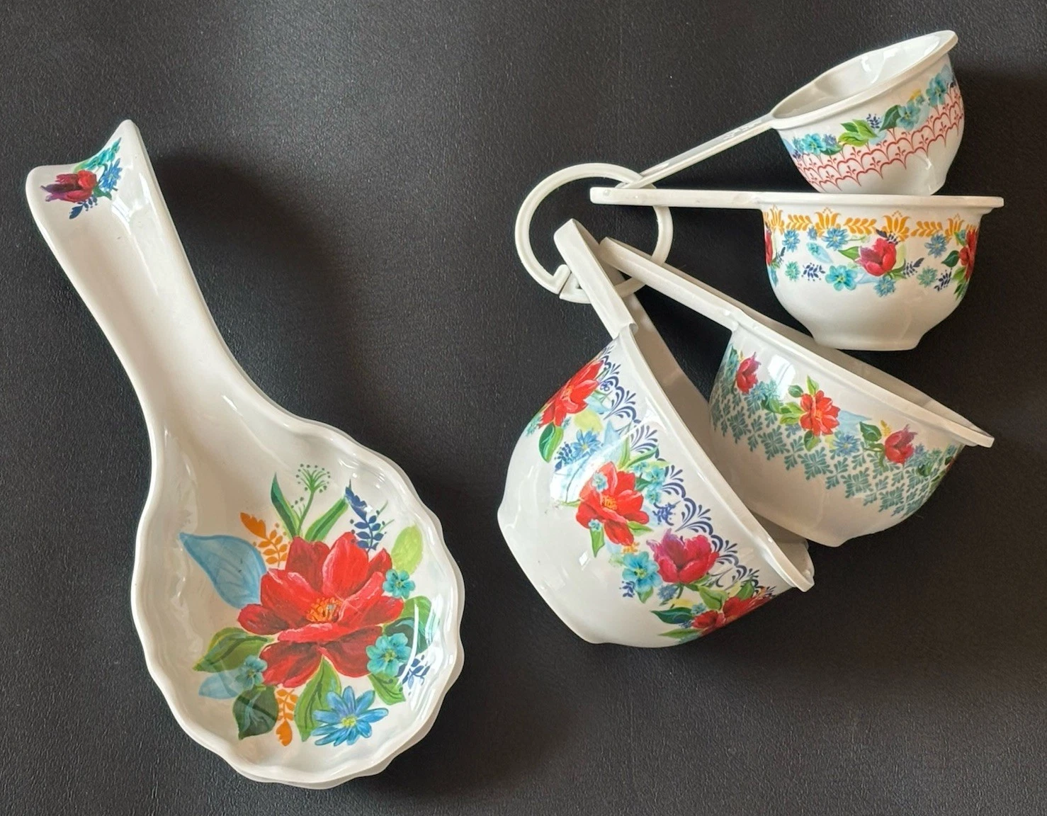 Pioneer Woman 4 Measuring Cups Set & Spoon Rest Melamine Floral Print Patterns