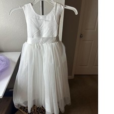 Flower Girl Dress Kids 4Y White Good Satin Tulle Big Bow V-Back Gown