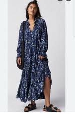Free People Pappiet Midi Dress Bluebell Combo Floral Long Sleeve Cotton L