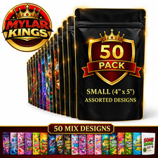 50 Pack 3.5g Smell Proof Foil Mylar Bags 4 x 5 Mix Designs Zip Bags