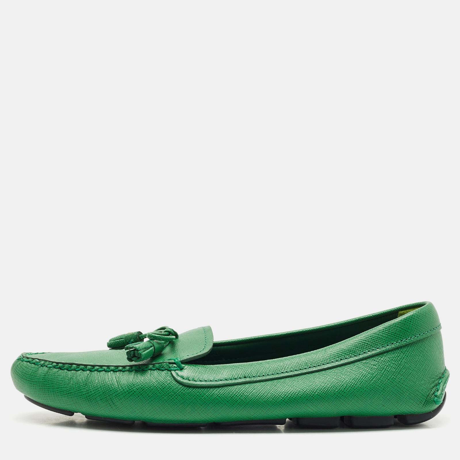 Prada Green Saffiano Leather Bow Slip On Loafers Size 38