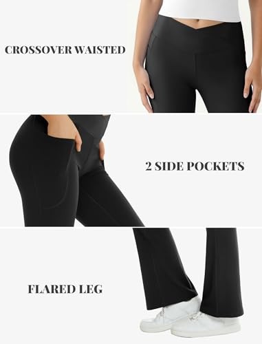 Women's Flare Yoga Pants with Pockets-V Crossover High Waisted Medium Black - Picture 5 of 6