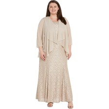 R & M Richards Plus Size Champagne Lace and Beaded Gown w/Sheer Cascading Jacket