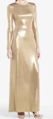 NWT BCBG MAXAZRIA SIZE M FRESNO GOLD METALLIC MESH TRIM SIDE SLIT MAXI DRESS  | eBay