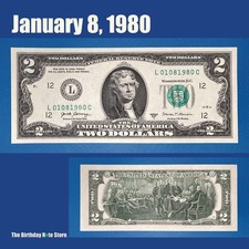 January 8, 1980 Birthday Anniversary $2 Two Dollar Bill Serial Number 01081980 January 8, 1980 Birthday Anniversary $2 Two Dollar Bill Serial Number 01081980