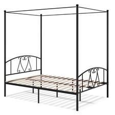 Double Size Metal Canopy Bed Frame 4-Poster Modern Platform Wooden Slat Support