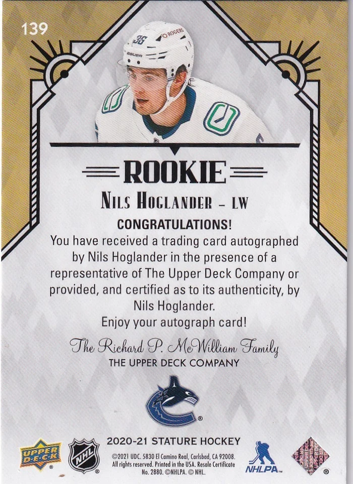 2020-21 Upper Deck Stature Autographs #139 Nils Hoglander139/199 RC - Image 2 of 2