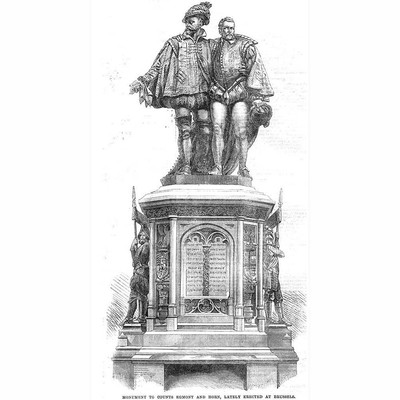 BELGIEN Grafen Egmont & Horn Denkmal zu BRÜSSEL - antiker Druck 1865