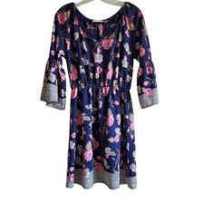 LE LIS Women's M Dress Navy Blue Pink Floral Elastic Waist 3/4 Sleeve Bust 36"