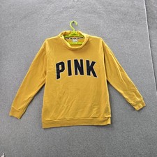 PINK Victoria's Secret Women Sweatshirt S/P Yellow Fleece Text Logo Long