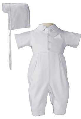 NWT Little Things Mean a Lot White SS Christening Baptism Coverall Suit+Cap 3 mo