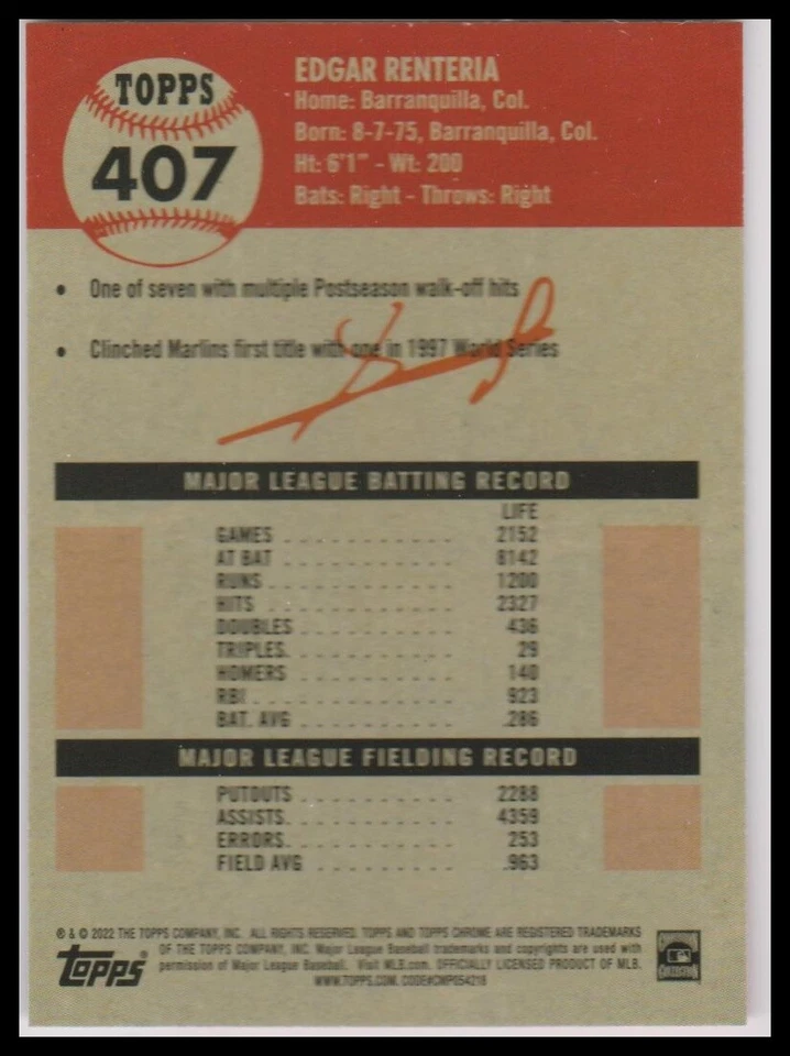 2022 Topps Chrome Platinum Anniversary #407 Edgar Renteria - Image 2 of 2