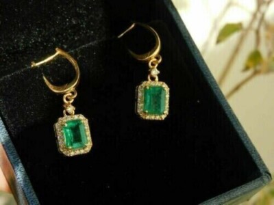 4Ct Emerald Cut Lab Created Emerald Drop/Dangle Earrings 14K Yellow Gold Finish