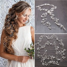 59" Long Wedding Hair Vine Crystal Pearl Headband Bridal Accessories Silver