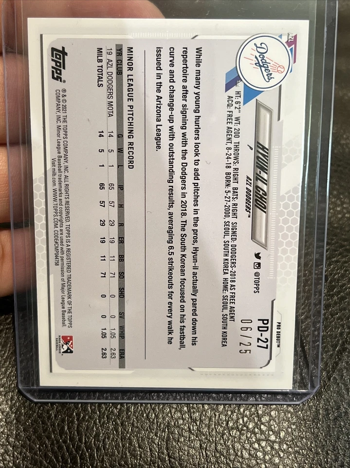 2021 Topps Pro Debut Orange /25 Hyun-il Choi #PD-27 LA Dodgers - Image 2 of 2