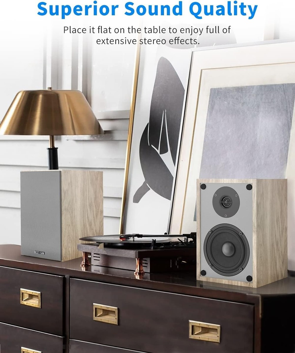 BESTISAN Powered Bookshelf Speakers – Bluetooth 5.0, 4" Woofer, Wood Grain, RCA Input & Sub Output, For TV/PC/Music