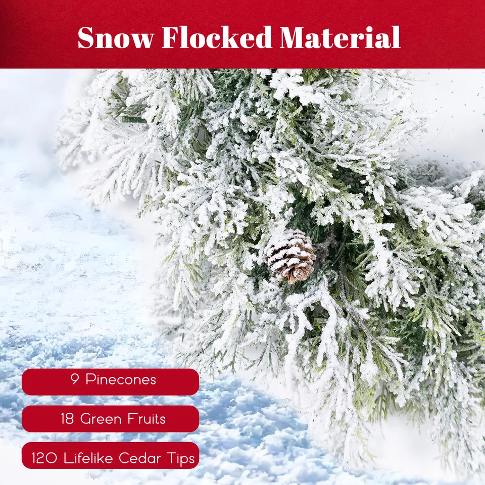 24” Pre-lit Snow Flocked Christmas Wreath Artificial With Lights Xmas Decoration - Image 2 of 4