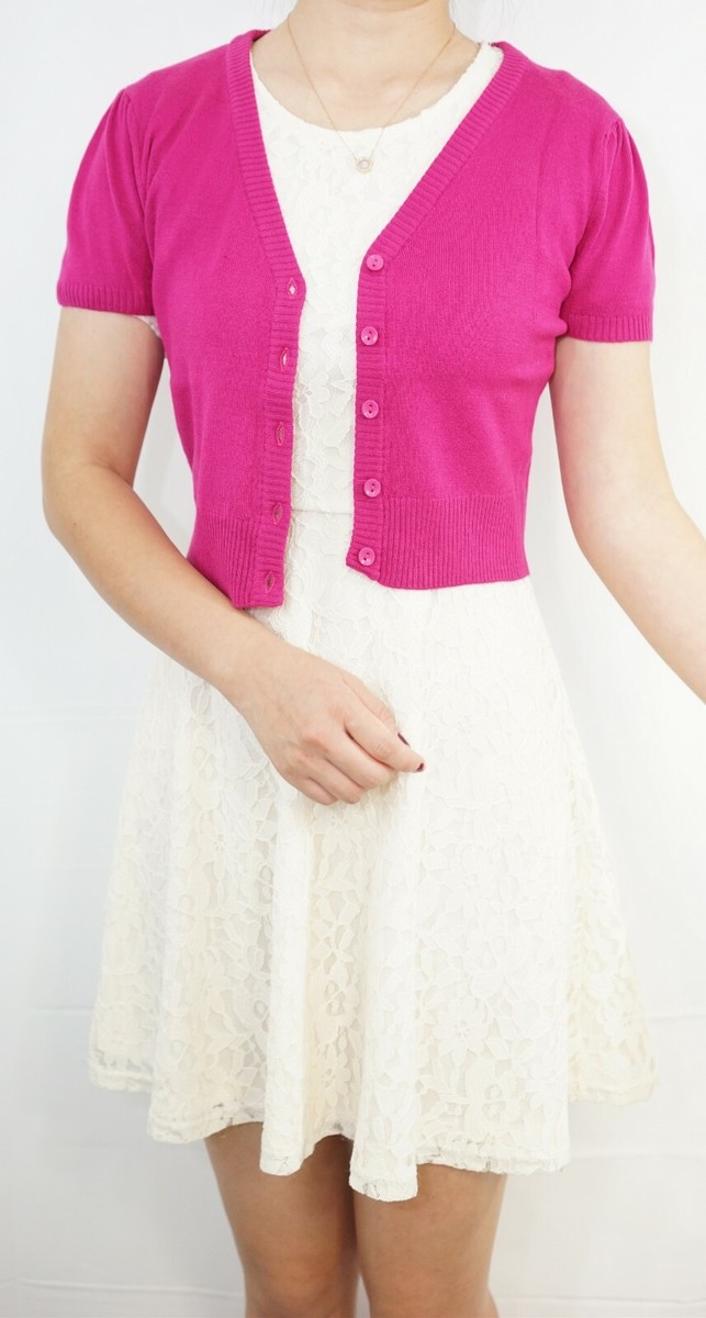 short sleeve cropped cardigan for dresses Short-sleeve crochet-trim cropped cardigan in navy