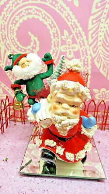 Vtg SANTA W Blue Mittens TOY BAG SACK & GREEN Pixie ELF Candy Dish Head Vase   