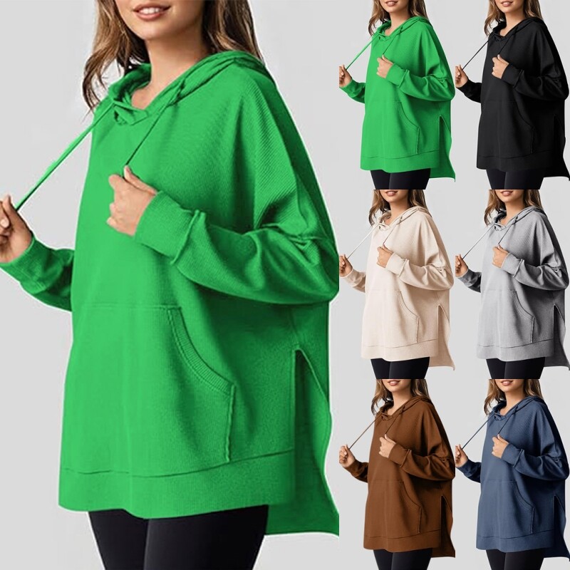 Damen Sweatshirt Waffel-Strick Kapuzenpullover Frauen Lockere Passform Sport