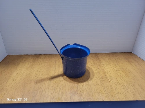 Vintage Enamelware Blue Long Handle Dipper Ladle Melting Pot 
