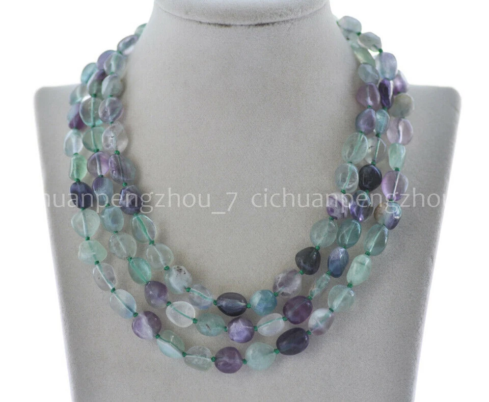 Colar longo 52"" 8-10mm natural multicolorido fluorita contas de pedras preciosas irregulares - Imagem 2 de 4