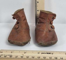 Antique 19th Century Baby Toddler Child Brown Leather Button Shoes Victorian