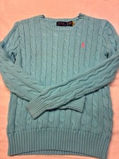 Polo Ralph Lauren Blue Cable-Knit Cotton Sweater with Pink Pony Logo