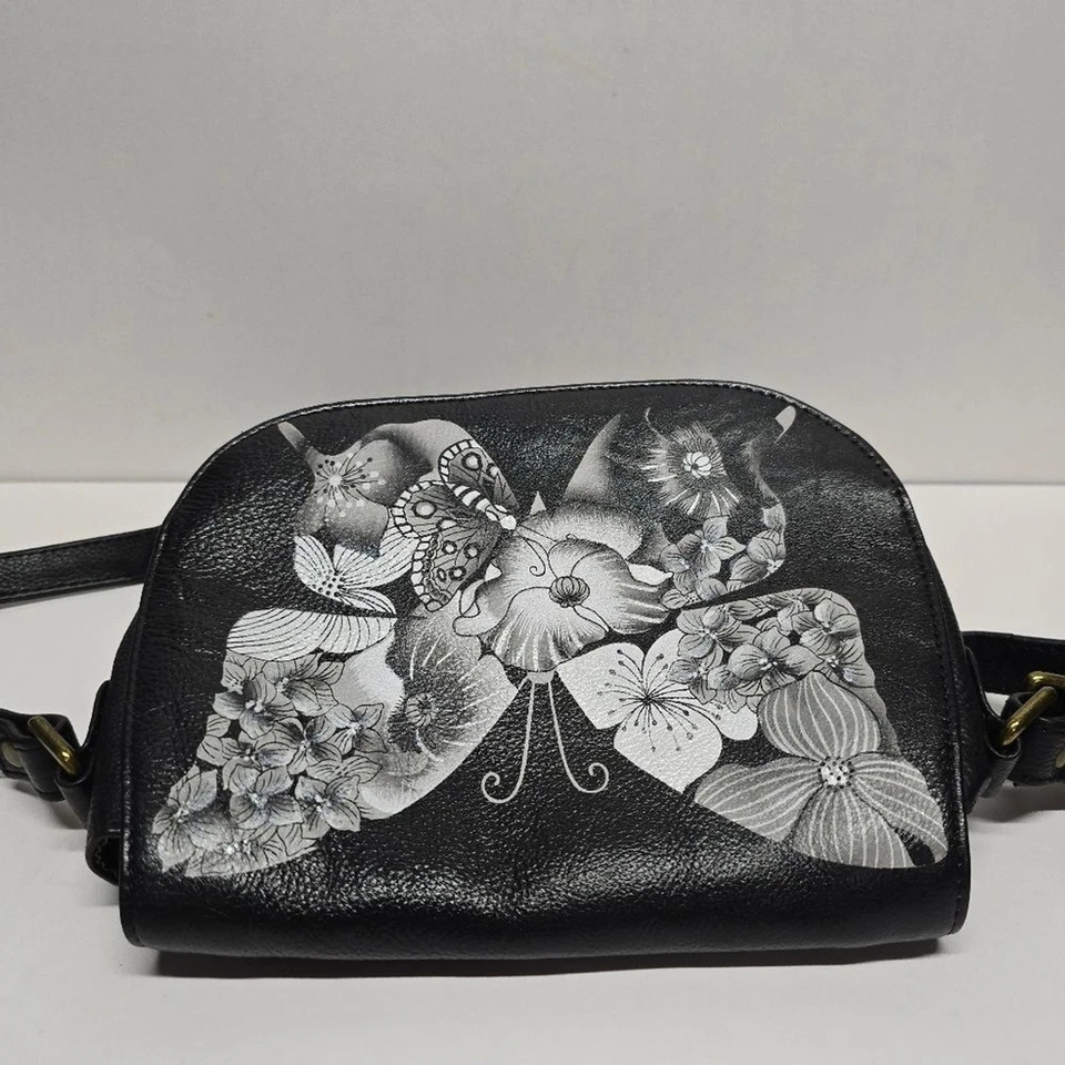 Bolso Bandolera Anna By Anuschka Mariposa Pintado a Mano Cuero Negro Sillín Solapa Foto 3 de 4