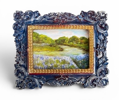 Bluebonnet Riverbank landscape mini print in vintage style ornate frame