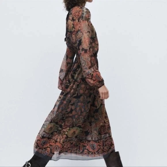 NUEVO CON ETIQUETAS VESTIDO BOHEMIO ZARA MAXI ESTAMPADO/VESTIDO FORMAL INFORMAL OTOÑO ZARA Talla XXL Foto 3 de 4