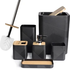 Bathroom Accessories Set 6 Piece Bamboo Bath Ensemble Includes Soap Dispenser...