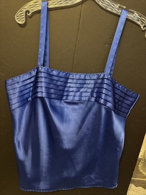 Vintage Chic By HIS Blue Satin Pleated Square Neck Cami Tank Top Shirt Large