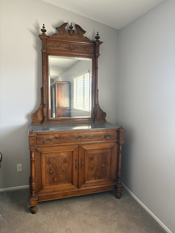 Antique Brown Wood Sideboard Buffet w/ Mirror, Marble Top, Carved, 48x22x94