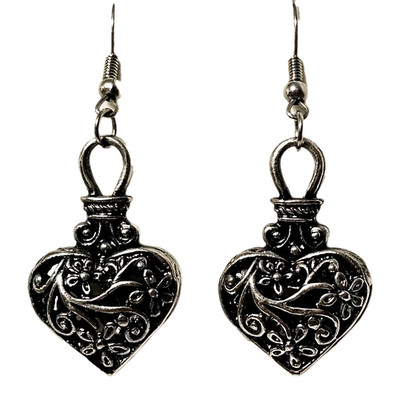 Silver Tone Puffy Heart Floral Scroll Filigree Open Work Dangle Earrings 1 in